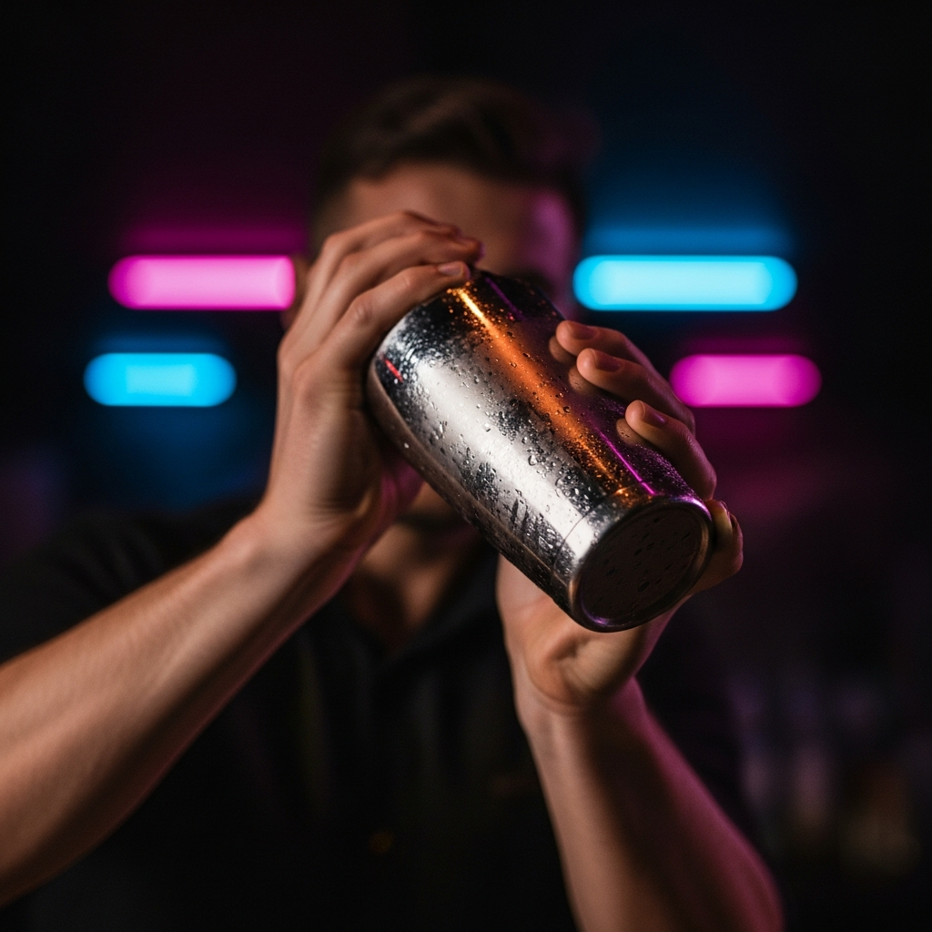 bartender hands shaking a cocktail shaker in a dark moody bar, neon accent lighting, close-up editorial photography