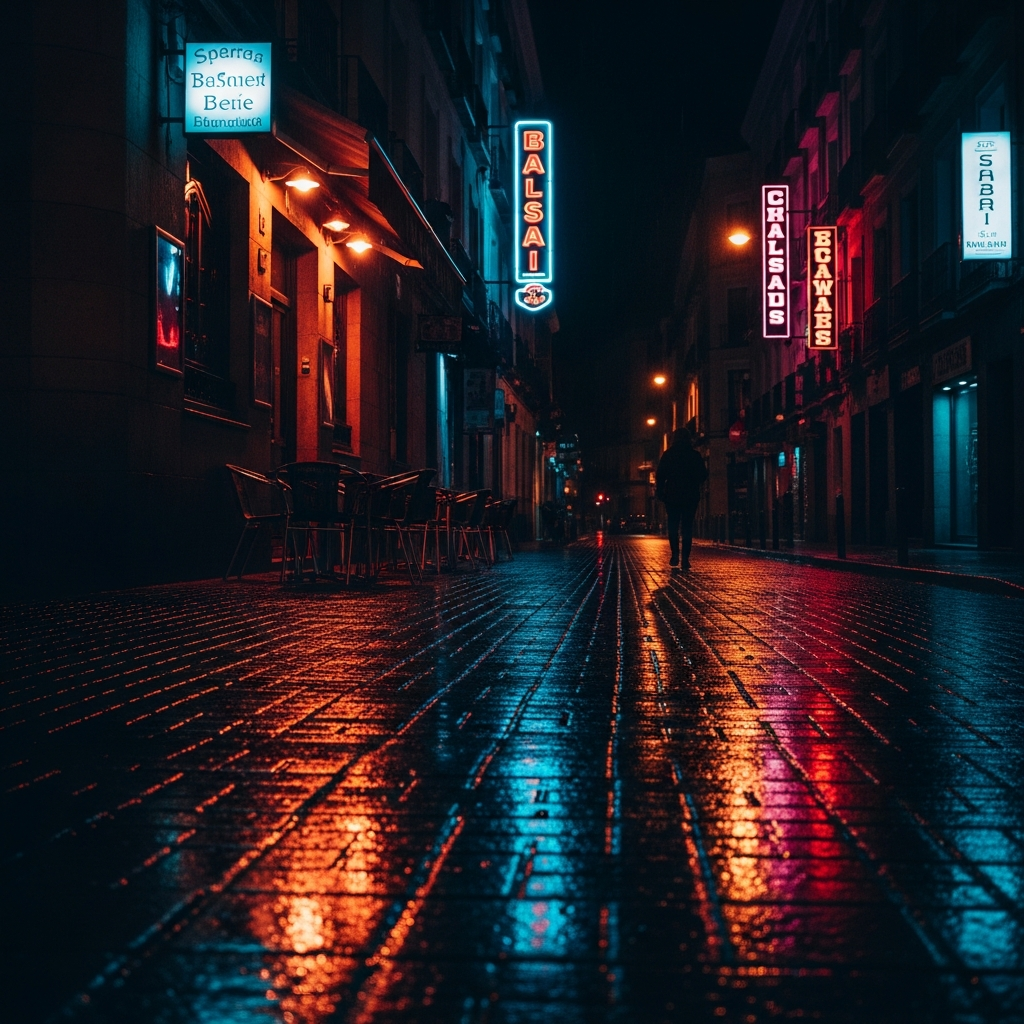 dark Malasaña Madrid street at night, warm bar light spilling onto cobblestones, cinematic neon glow, moody editorial